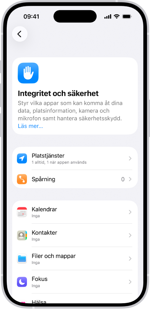 Skärmen Integritet och säkerhet med inställningar för Platstjänster och Spårning samt inställningar för att styra vilka appar som kan komma åt dina data.