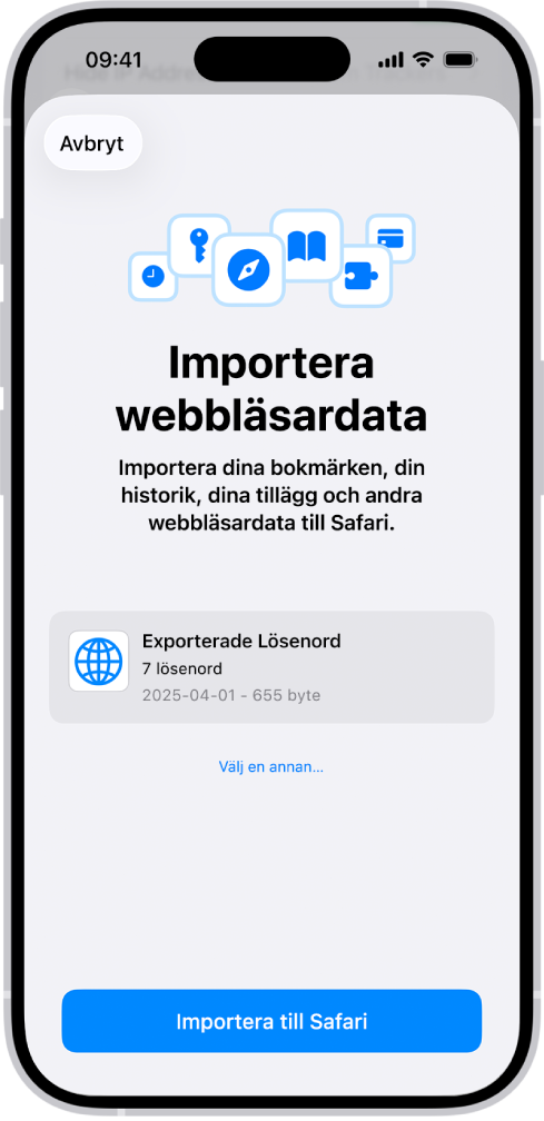 Skärmen Importera surfdata visar CSV-filen med lösenorden från en annan lösenordshanterare som ska importeras.