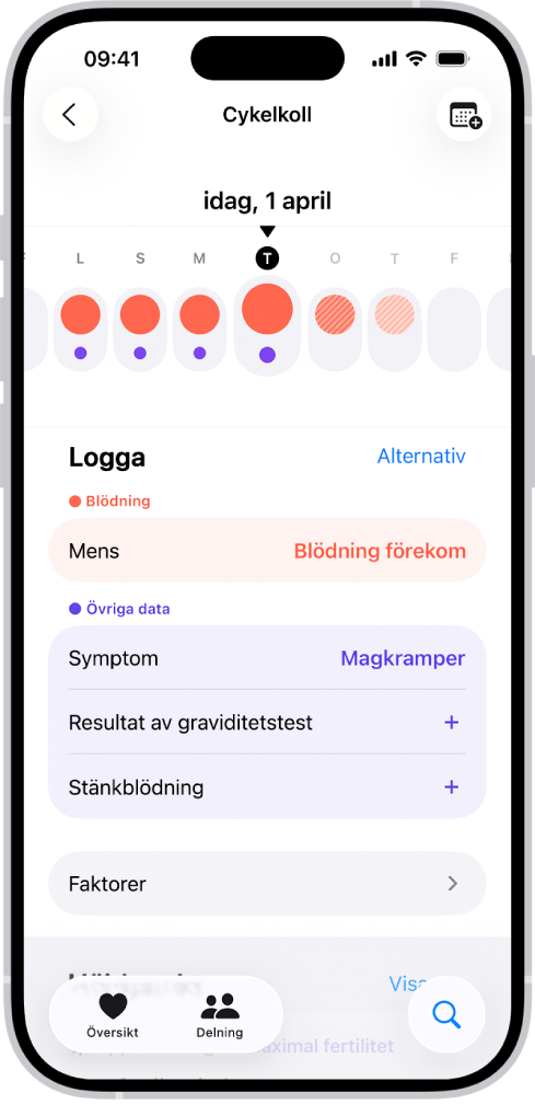 Skärmen Cykelkoll med tidslinjen för en vecka högst upp på skärmen. Fyllda röda cirklar och lila prickar visar de första fem dagarna på tidslinjen. Under tidslinjen finns alternativ för att lägga till information om menscykler, symptom och annat.