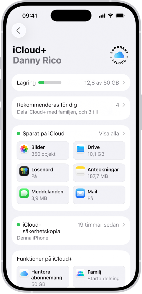 Inställningsskärmen för iCloud visar iCloud-lagringsmätaren och en lista med appar och funktioner.
