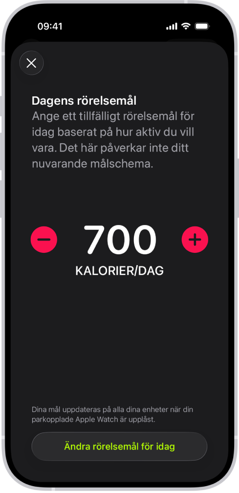 Skärmen Rörelsemålschema i Fitness med knappar för att öka eller minska rörelsemålet.