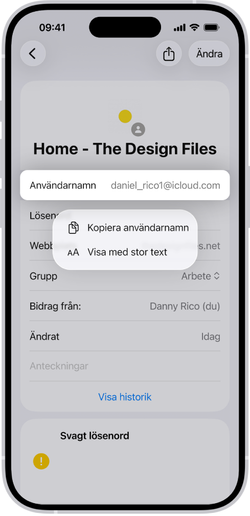 En kontoskärm visar användarnamnet markerat med alternativen Kopiera användarnamn och Visa med stor text.