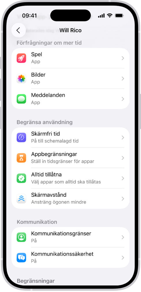 Skärmen för att barn i en familjedelningsgrupp visar ett avsnitt för Be om mer tid-förfrågningar.