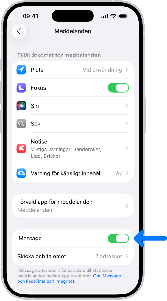 Inställningspanelen för Meddelanden med iMessage påslaget.