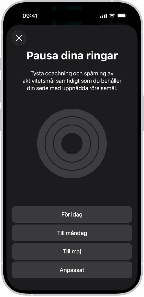 Skärmen Pausa dina ringar i Fitness med alternativ för att pausa aktivitetsringar.