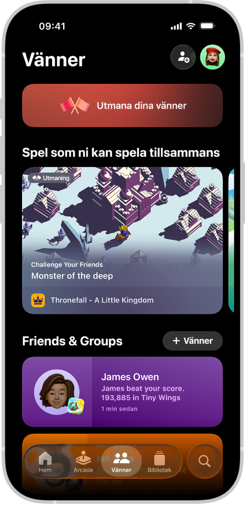 Appen Spel visar fliken Vänner med alternativ för att utmana vänner, förslag på spel att spela tillsammans och senaste aktivitet från en vän.
