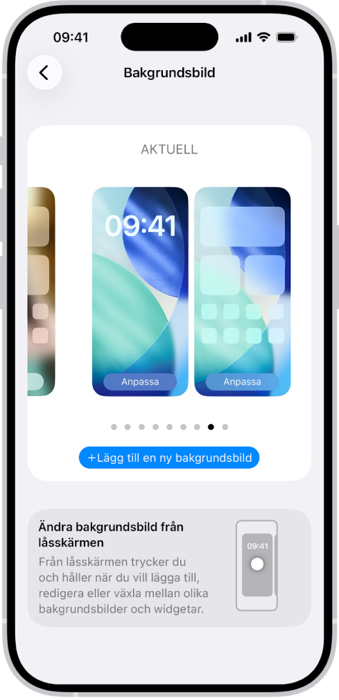 Skärmen för bakgrundsbildsinställningar med knappar för att anpassa den aktuella bakgrundsbilden på hemskärmen och låsskärmen, och knappen Lägg till ny bakgrundsbild för att byta bakgrundsbild.