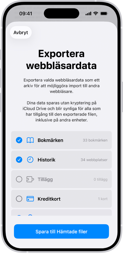 Skärmen Exportera webbläsardata visar de data du kan exportera från Safari till en annan webbläsare.
