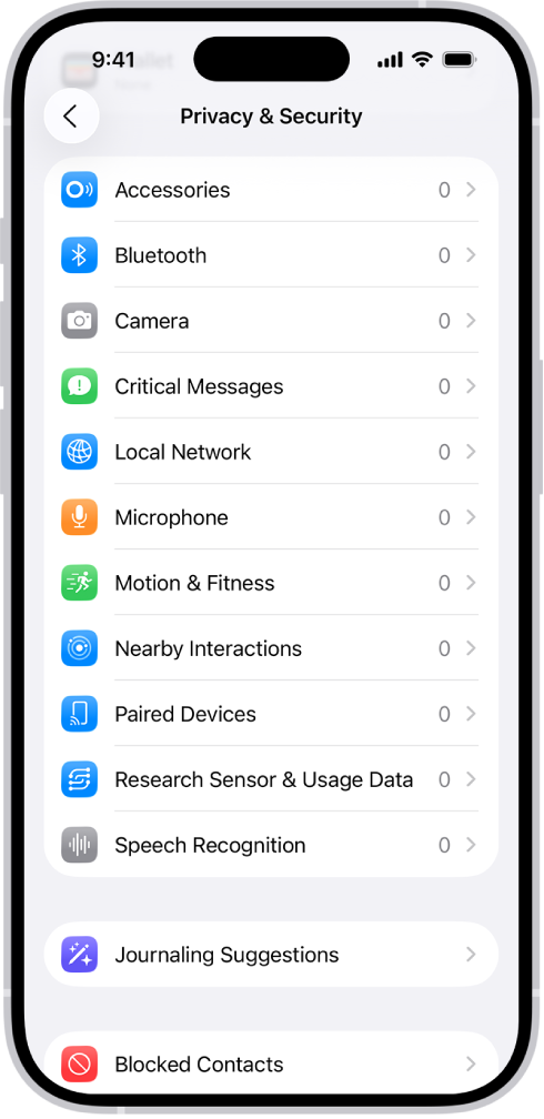 உங்கள் iPhoneஇன் கேமரா, மைக்ரோஃபோன் மற்றும் பிற பாகங்களைச் செயலிகள் பயன்படுத்தலாமா என்பதைக் கட்டுப்படுத்துவதற்கான அமைப்புடன் கூடிய “தனியுரிமை & பாதுகாப்பு” திரை.