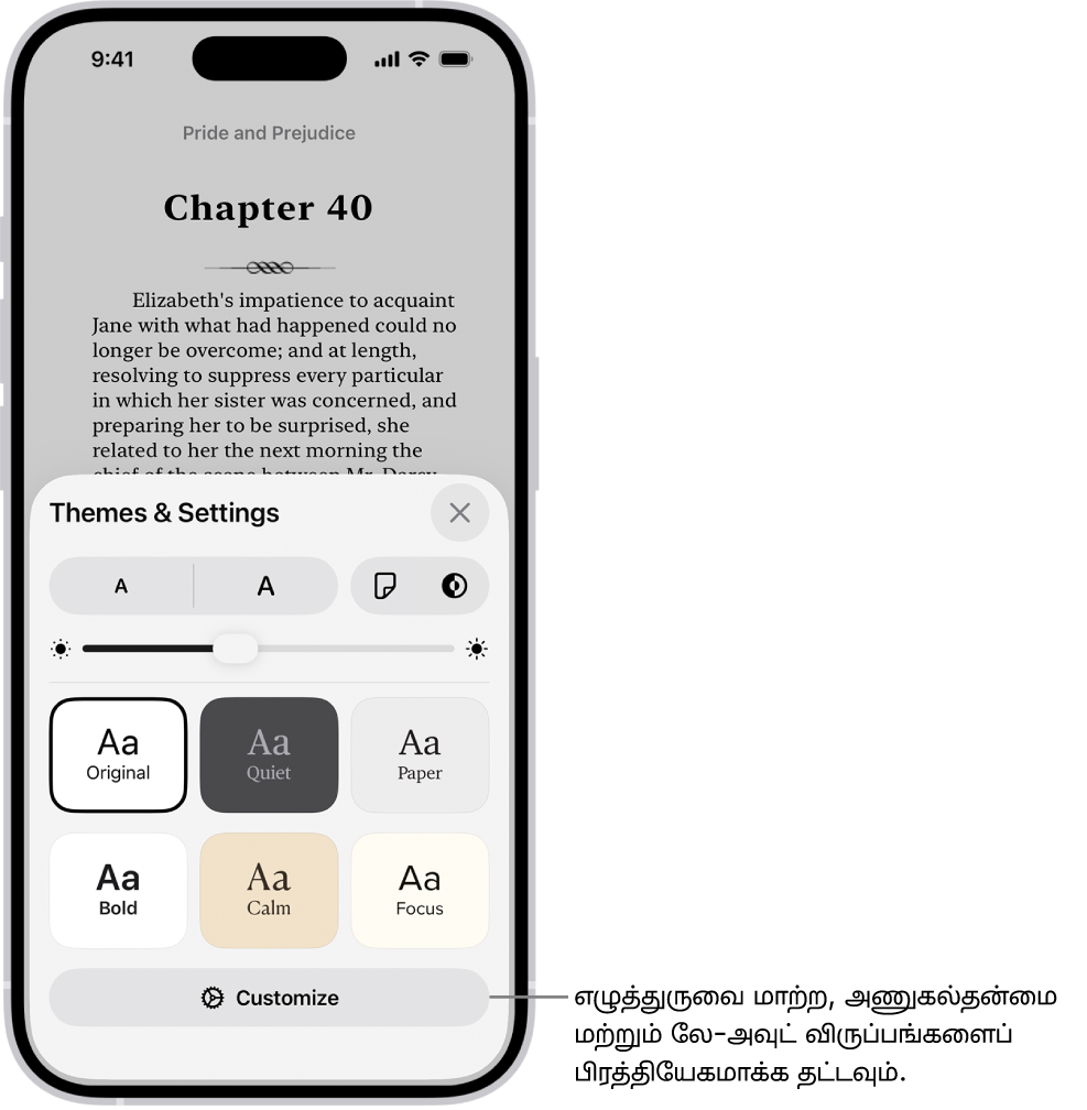 புத்தகங்கள் செயலியில் உள்ள புத்தகத்தின் ஒரு பக்கம். எழுத்துரு அளவு, ஸ்க்ராலிங் காட்சி, பக்கத்தை திருப்பும் ஸ்டைல், ஒளிர்வு, எழுத்துரு ஸ்டைல்கள் ஆகியவற்றுக்கான கட்டுப்பாடுகளை “தீம்கள் & அமைப்புகள்” விருப்பங்கள் காட்டும்.