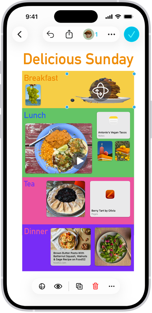 ஒரு Freeform போர்டில் பல கோப்புகள் இருப்பது காட்டப்பட்டுள்ளது: 3D படக் கோப்பு, இணைப்பு, வீடியோ, ஸ்டிக்கர்கள் மற்றும் புகைப்படம். ஒரு 3D படக் கோப்பு தேர்ந்தெடுக்கப்பட்டுள்ளது, அதன் சுழற்சி பட்டனும் வடிவமைப்புக் கருவிகளும் காட்டப்பட்டுள்ளன.