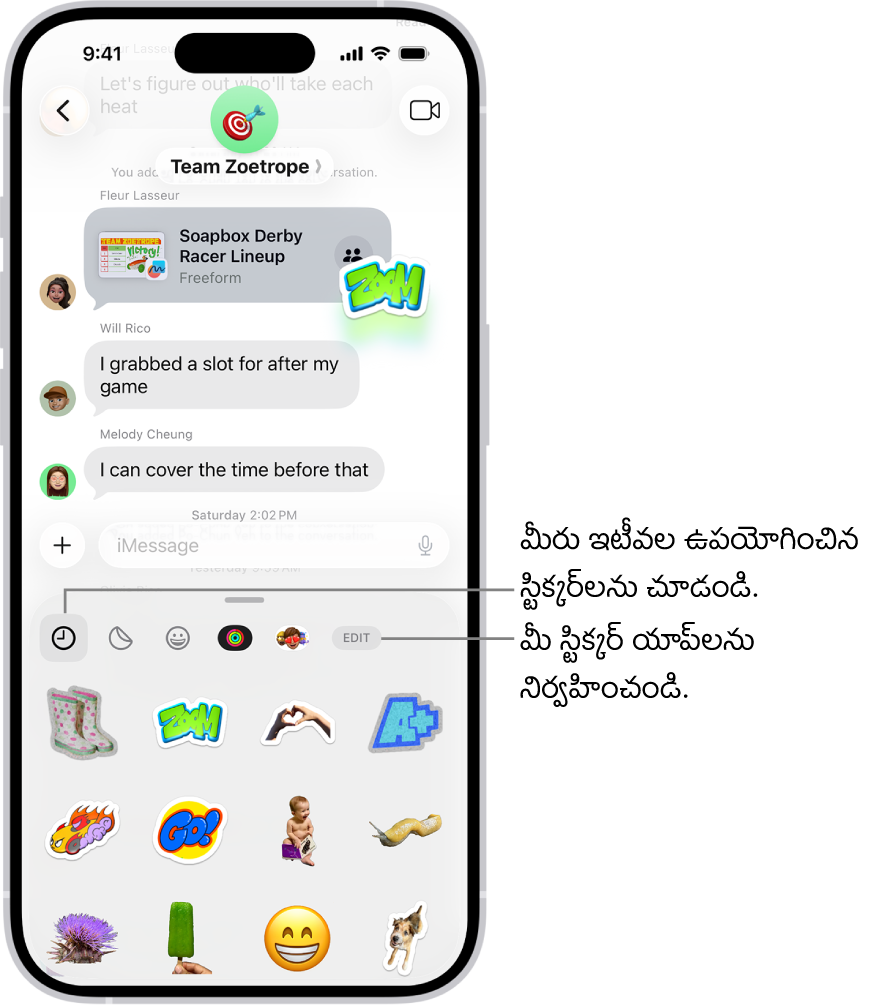 దిగువన స్టిక్కర్‌లు కనిపిస్తున్న సంభాషణ. స్టిక్కర్ ప్యాక్‌ను తెరిచే కార్డ్ ఎగువన ఉన్న ఒక్కో బటన్.