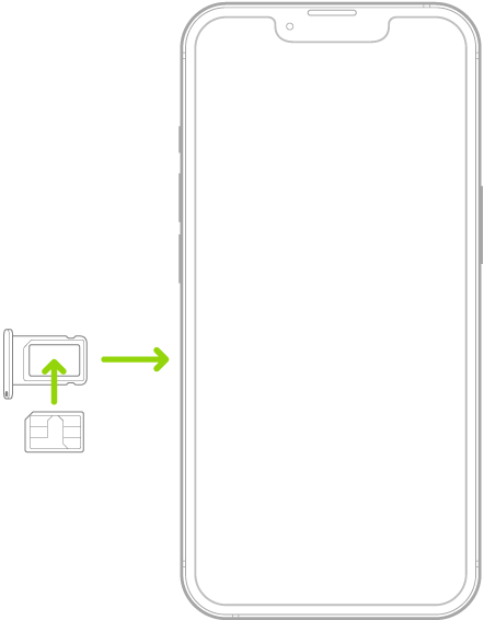 iPhone ట్రేలో SIMను జొప్పించారు; యాంగిల్డ్ మూల ఎగువ ఎడమ వైపున ఉంది.
