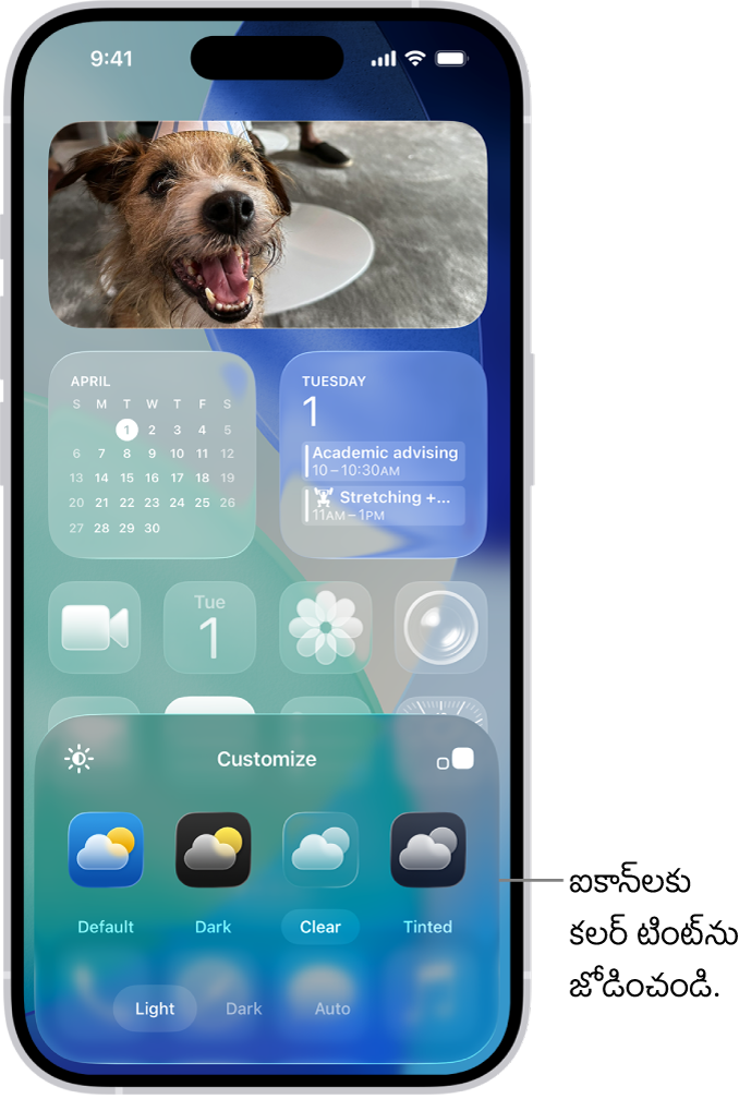 ఫోటోను ఫ్రేమ్ చేయడానికి అమర్చబడి, ఐకాన్‌లను కస్టమైజ్ చేయడానికి స్క్రీన్ దిగువన కంట్రోల్ చేసే నీలిరంగులో ఉన్న స్పష్టమైన ఐకాన్‌లతో కస్టమైజ్ చేసిన హోమ్ స్క్రీన్. ఆప్షన్‌లలో ఆటోమేటిక్, డార్క్, లైట్, టింటెడ్ బటన్‌లు, రంగు ఇంకా స్యాచరేషన్‌ను ఎంచుకోవడానికి ఎంపికలు, ఐకాన్‌ల సైజ్‌ని సెట్ చేయడం కోసం ఉన్న చిన్న, పెద్ద బటన్‌లు.