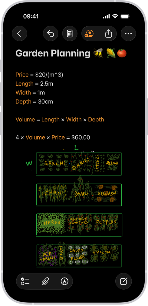 โน้ตคณิตศาสตร์ที่เปิดอยู่ในเครื่องคิดเลข โดยมีตัวแปรที่ประกาศ สมการ และการวาดปัญหาคณิตศาสตร์