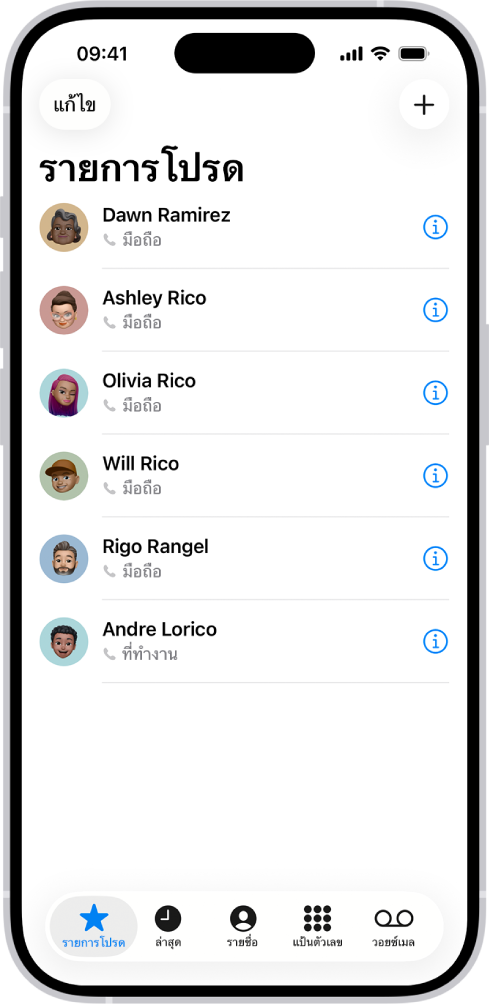 หน้าจอรายการโปรดในแอปรายชื่อที่มีผู้ติดต่อหกคนแสดงอยู่เป็นรายการโปรด