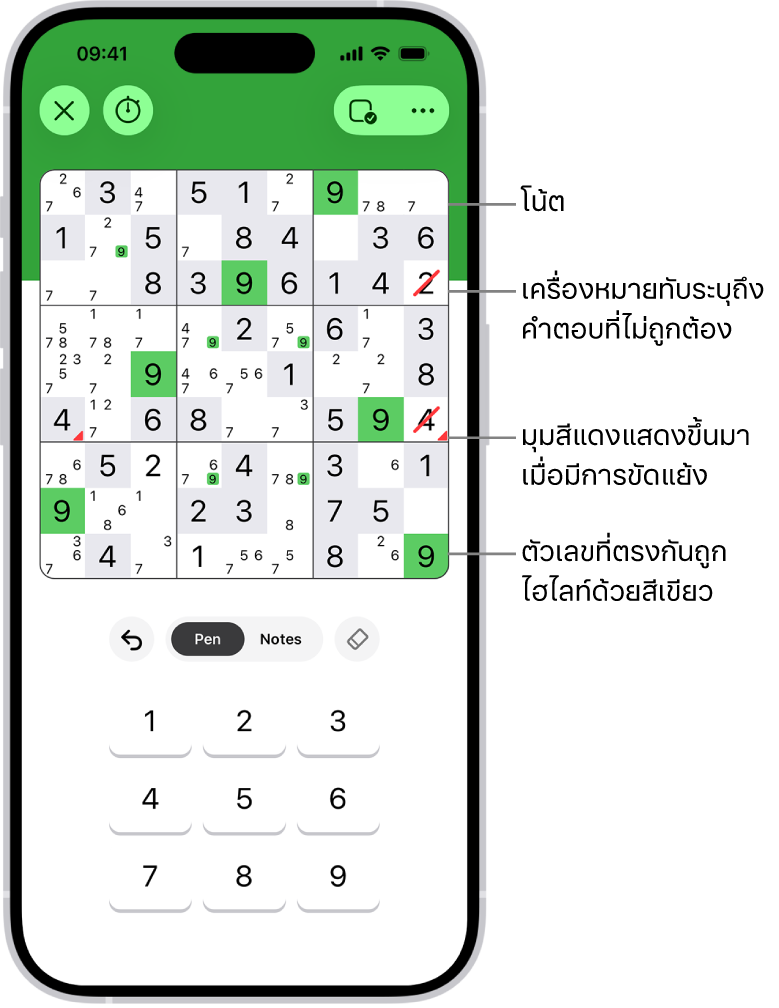 ปริศนา Sudoku ที่มีคุณสมบัติมากมายเปิดใช้อยู่: Notes, Highlight Matching Numbers, Show Conflicts และ Autocheck