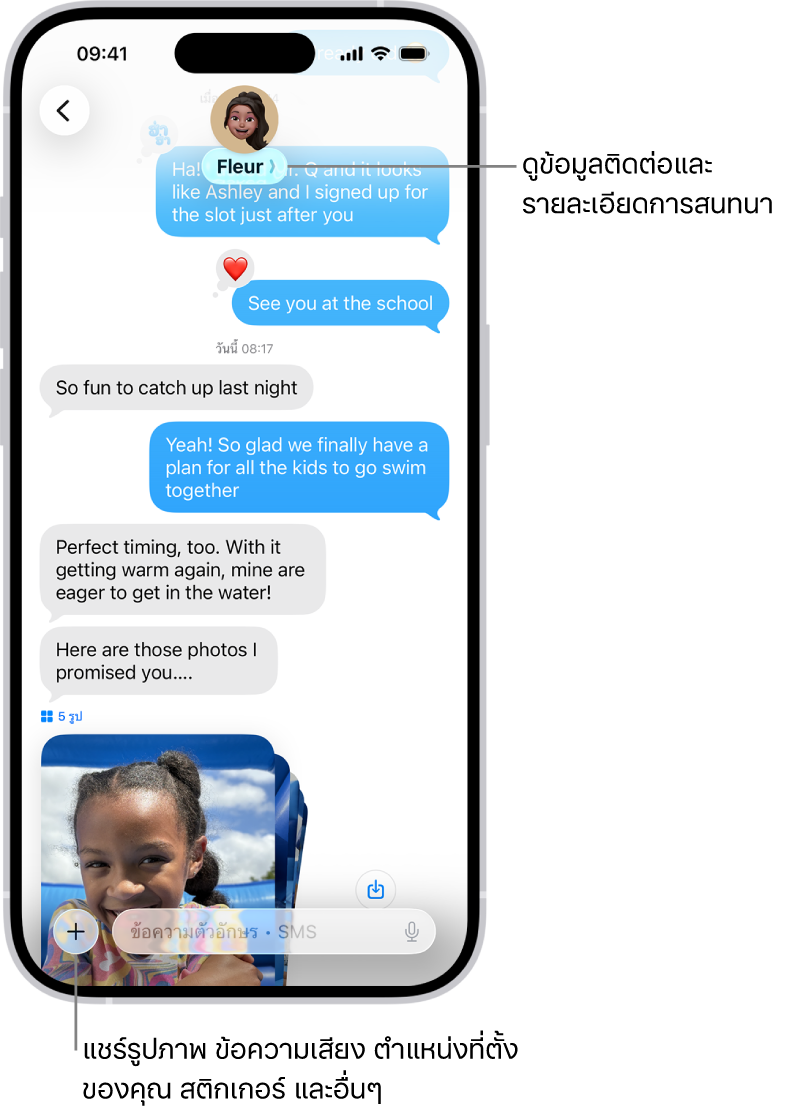 การสนทนาในแอปข้อความ ชื่อของคนที่คุณกำลังส่งข้อความไปหาอยู่ที่ด้านบนสุดของหน้าจอ คุณสามารถแตะชื่อของเขาเพื่อดูรายละเอียดการสนทนาได้ ปุ่มเพิ่มอยู่ที่มุมซ้ายล่างสุด