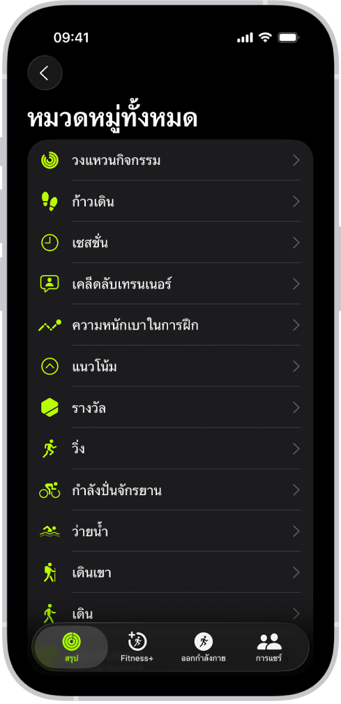 หน้าจอฟิตเนสที่แสดงรายการของหมวดหมู่ฟิตเนส