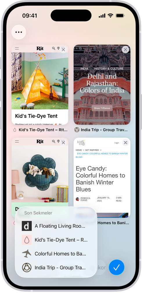 Ekranda, açık sekmelerin önizlemeleri görünüyor. Ekranın sol alt tarafında Yeni Sekme düğmesi seçili ve son kapatılan sekmelerin listesi gösteriliyor.