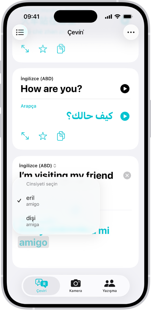 Çeviri sekmesi, İngilizce’den İspanyolca’ya çevrilen bir ifadeyi, gri renkte vurgulanan bir sözcüğü ve onun altında listelenen farklı cinsiyet varyasyonlarını gösteriyor.