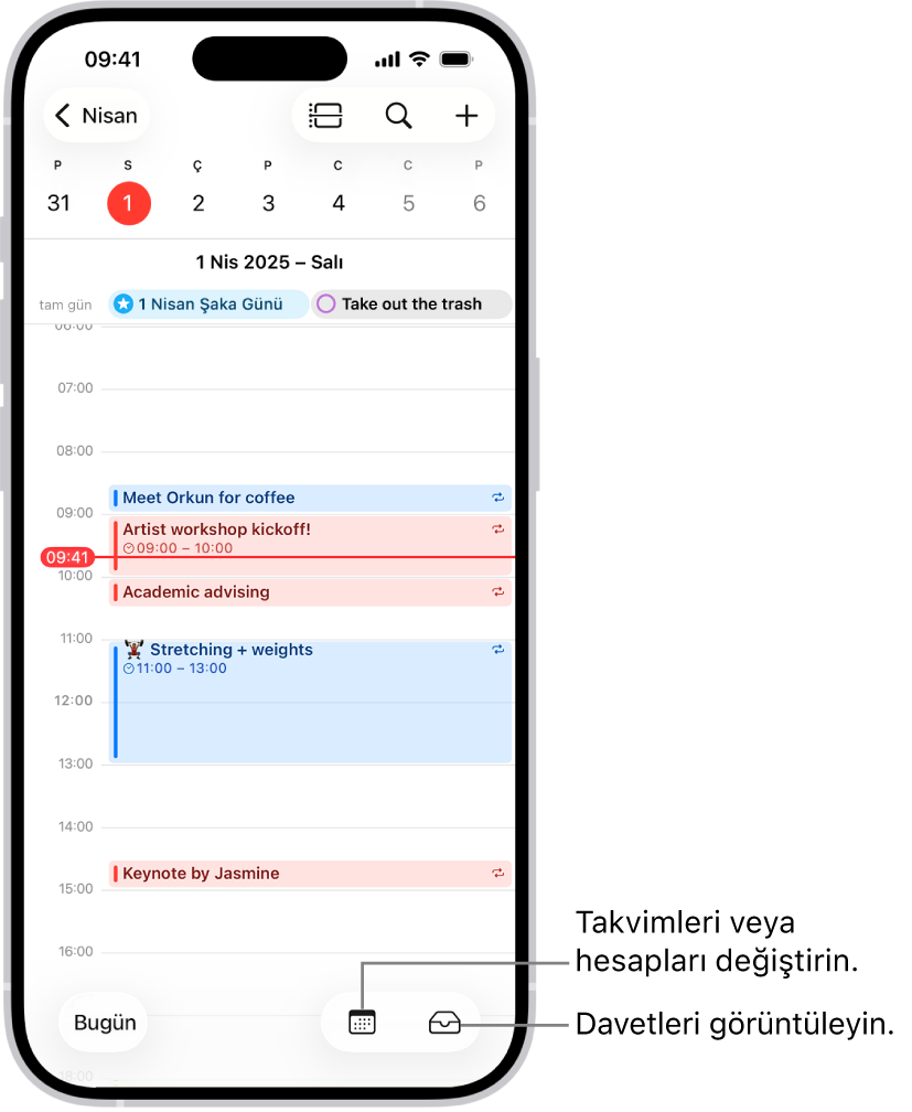 Günün etkinliklerinin görüntülendiği Gün görüntüsünde bir takvim. Takvimler düğmesi ekranın alt ortasında, Gelen Kutusu düğmesi ise sağ altta.