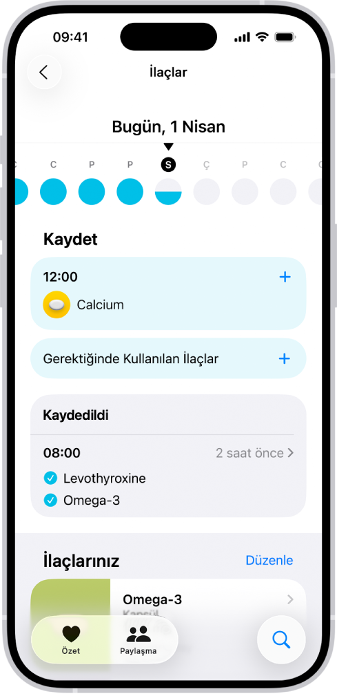 Sağlık’taki İlaçlar ekranı, ilaçlar için tarih ve günlük gösteriyor.