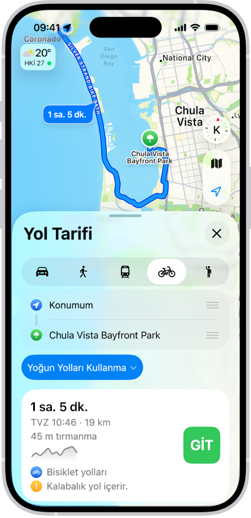 Bisiklet güzergâhı seçeneklerini gösteren bir harita. En alttaki güzergâh kartı; tahmini yolculuk süreleri, yükseklik değişiklikleri ve yol türleri de dahil olmak üzere ayrıntıları içeriyor. Ayrıntıların sağında bir Git düğmesi görünür.