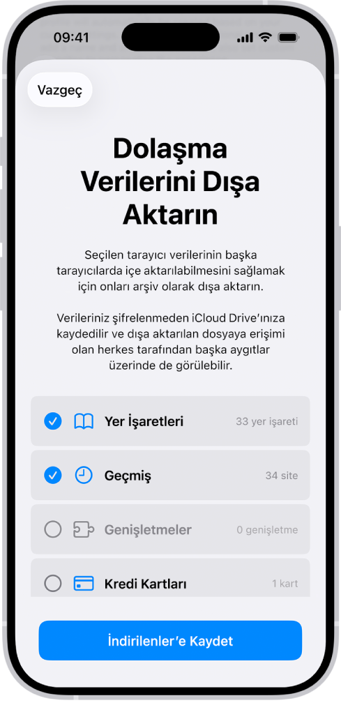 Dolaşma Verilerini Dışa Aktarın ekranı, Safari’den başka bir web tarayıcıya aktarabileceğiniz verileri gösteriyor.