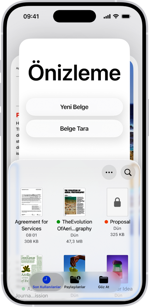 Önizleme’de Belge Tarayıcı. Ekranın ortasında Yeni Belge, Belgeleri Tara, Daha Fazla ve Ara düğmeleri var. Ekranın en altında Son Kullanılanlar, Paylaşılan ve Göz At düğmeleri bulunuyor.