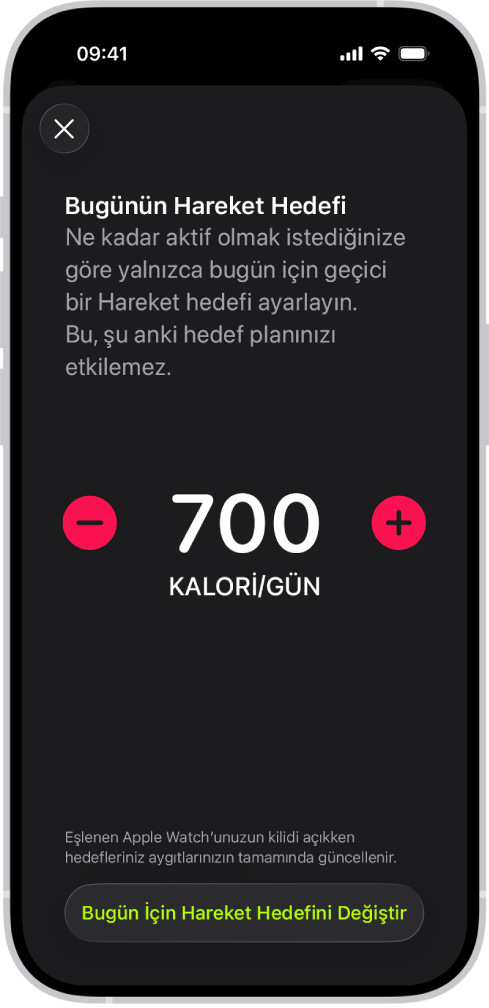 Hareket hedefini artırma veya azaltma düğmelerini gösteren Fitness Hareket Hedefi Planı ekranı.