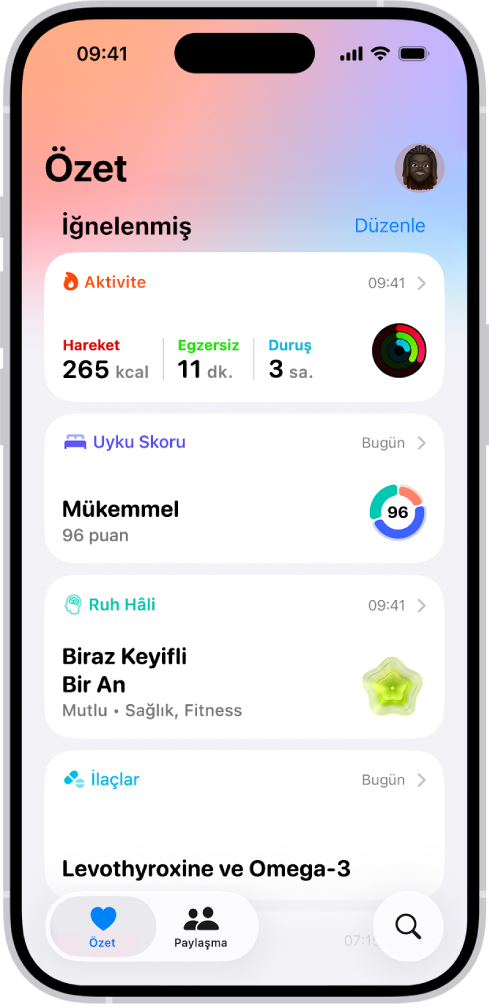 Sağlık’taki Özet ekranı. Aktivite, uyku skoru, ruh hâli ve ilaçlar hakkındaki bilgiler İğnelenenler’in altında görünüyor.