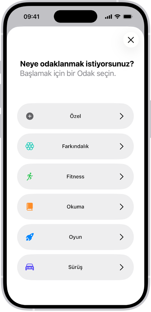 Özel, Sürüş, Fitness, Oyun, Farkındalık ve Okuma da dahil olmak üzere sağlanan ek Odak seçenekleri için Odak ayarlama ekranı.