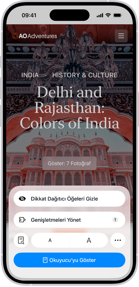 Safari’de, bir web sitesindeki Sayfa Menüsü düğmesine dokunuluyor ve ekranın alt tarafındaki Genişletmeleri Yönet de dahil olmak üzere seçenekler gösteriliyor.