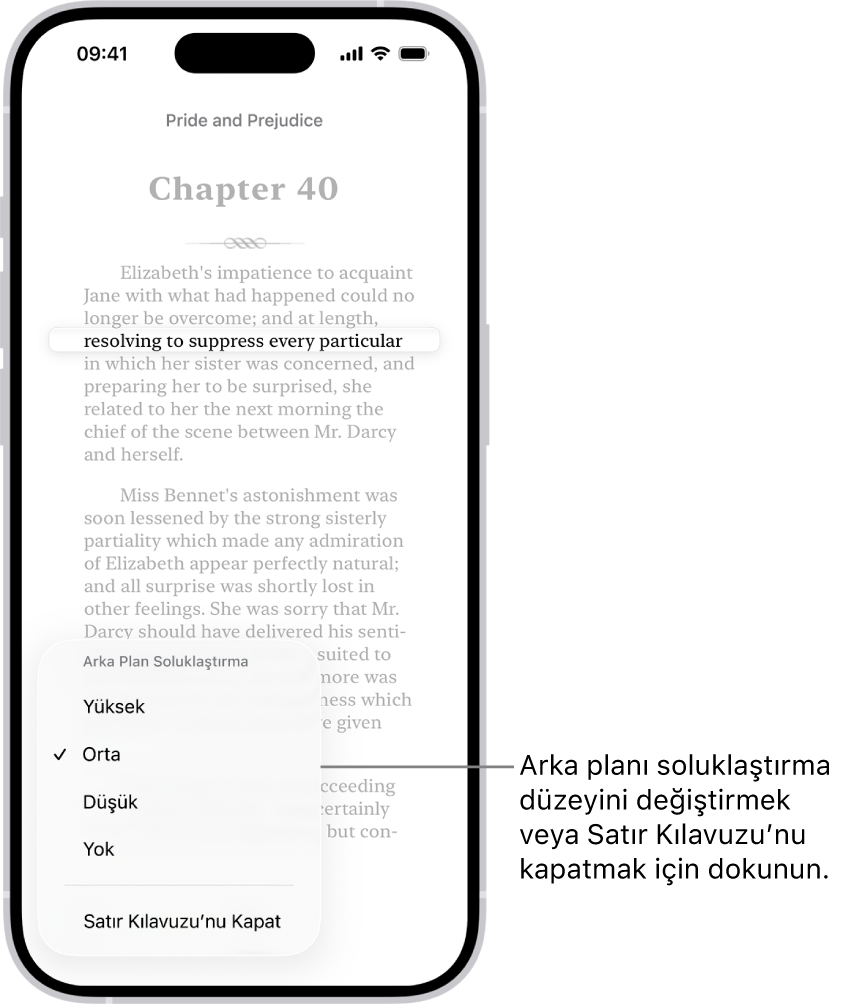 Kitaplar uygulamasındaki bir kitabın sayfası. Metnin tek bir satırı vurgulanmış ve metnin kalanı soluk. Ekranın sol alt köşesinde Satır Kılavuzu Menüsü düğmesi var.