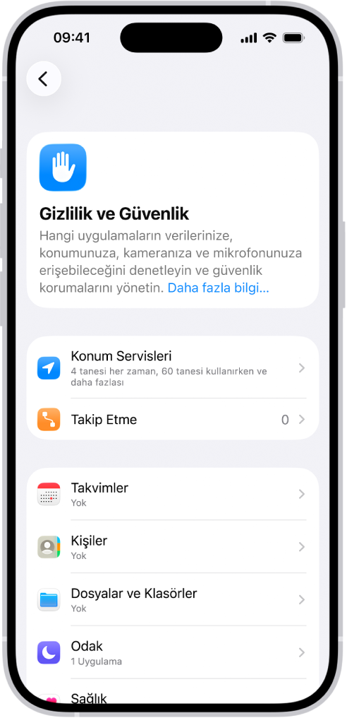 Ayarlar’da Gizlilik ve Güvenlik ekranı.