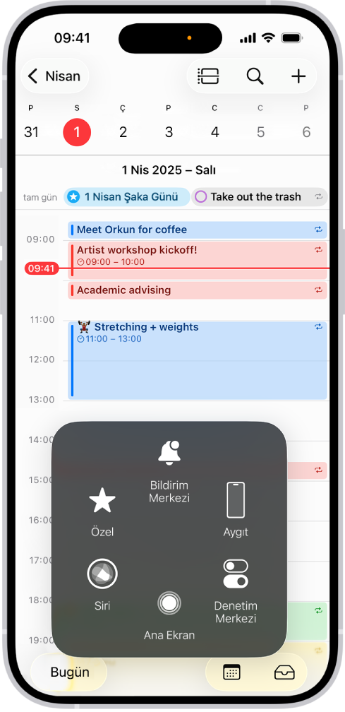 Bildirim Merkezi, Aygıt, Denetim Merkezi, Ev, Hareketler ve Özel denetimlerini gösteren AssistiveTouch menüsünün görünür olduğu bir iPhone.