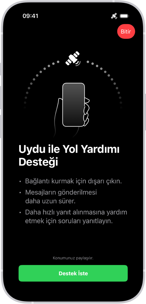 Uydu üzerinden Yol Yardımı Desteği ekranı. Yardım İste düğmesi ekranın en altında.