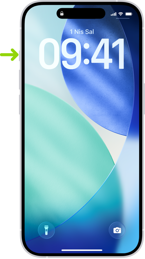 Eylem düğmesinin iPhone 15 Pro aygıtının sol kenarında bulunduğunu gösteren bir ekran. Düğmenin işlevini Ayarlar > Eylem düğmesi bölümünde özelleştirebilirsiniz.