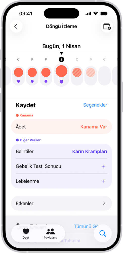 Döngü İzleme ekranı, ekranın en üstünde bir haftalık bir zaman çizelgesini gösteriyor. Düz kırmızı daireler ve mor noktalar, zaman çizelgesinin ilk 5 gününü işaretler. Zaman çizelgesinin alt tarafında âdet, belirtiler ve daha fazlası ile ilgili bilgi ekleme seçenekleri var.