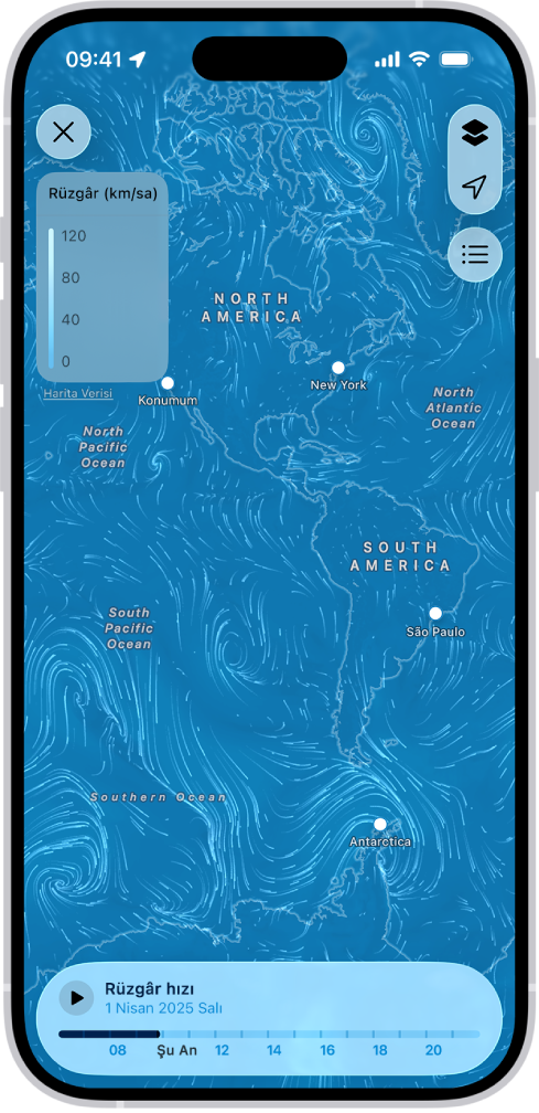 Okyanusun rüzgâr haritası Hava Durumu uygulaması ekranını dolduruyor. Haritayı Kapat düğmesi ve Rüzgâr Haritası Katmanı Ölçeği sol üst köşede. Sağ üst köşede yukarıdan aşağıya Menü Katmanı, Şu Anki Konum ve Konumlar düğmeleri var. En alt kısımda zaman çizelgesi var.