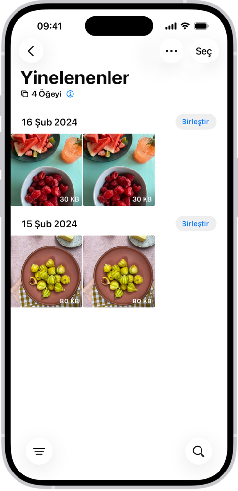 Yinelenenler ekranı, yinelenen fotoğrafları yan yana gösteriyor. Ekranın sağ tarafında, her bir yinelenen fotoğraf çiftini birleştirmek için Birleştir düğmeleri var.
