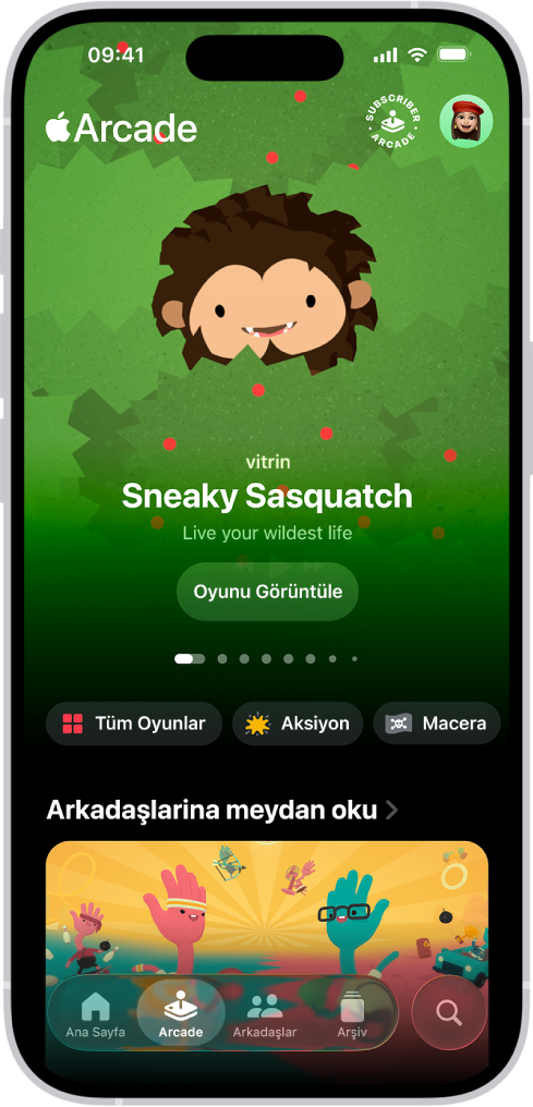 Apple Games uygulamasındaki Arcade sekmesinde, sergilenen bir oyunun tanıtım resmi gösteriliyor. Ekranın en altında Ana Sayfa, Arcade, Arkadaşlar, Arşiv ve Ara sekmeleri var. Arcade sekmesi seçili.