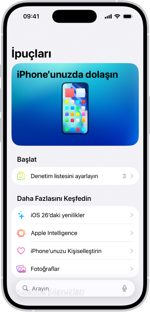 İpuçları koleksiyonunu gösteren bir ekran. Oklar, içindeki ipuçlarını görüntülemek için koleksiyona dokunabileceğinizi belirtiyor.