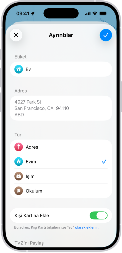 Adresi ev, iş veya okul olarak ayarlama seçenekleriyle Ayrıntılar ekranını gösteren Harita uygulaması.
