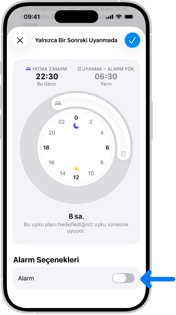 Sağlık’ta, altta Alarm kapatılmış olan Yalnızca Bir Sonraki Uyanmada ekranı.