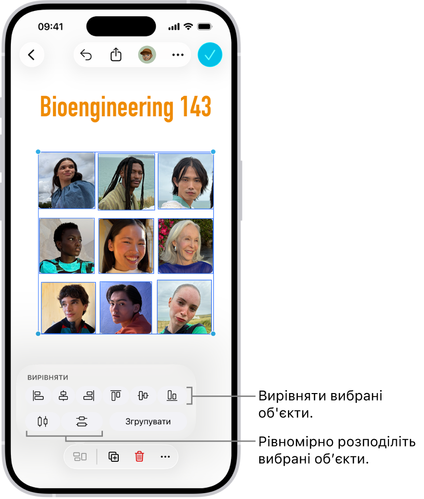 Дошку Freeform заповнено сіткою фотографій. Вибрано кілька фотографій, і над ними відображаються інструменти вирівнювання та групування.