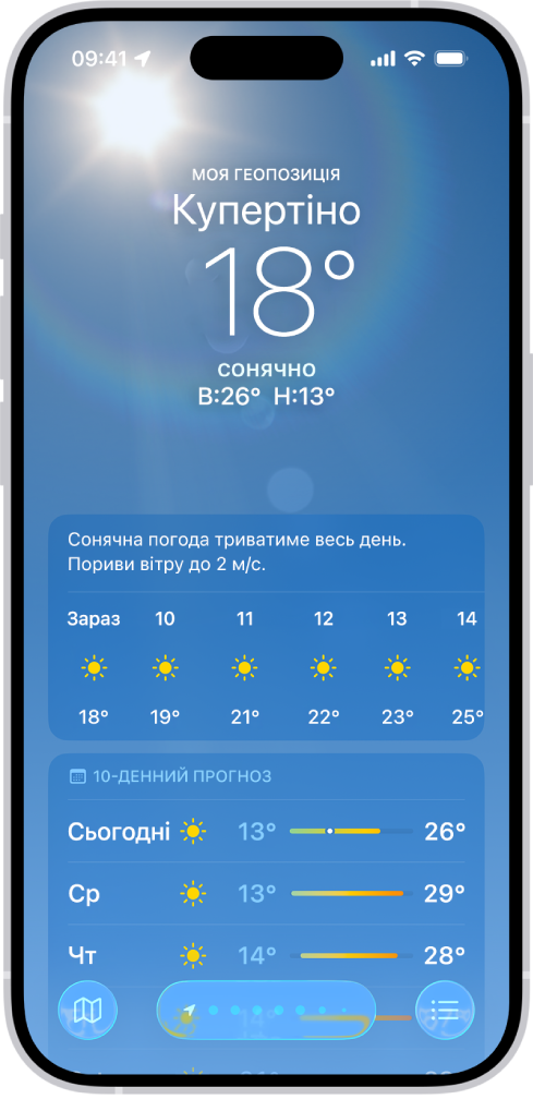 Екран програми «Погода», на якому згори донизу показано місце, поточну температуру, високу та низьку температури на день, погодинний прогноз і прогноз на 10 днів. Ряд крапок по центру внизу екрана означає кількість інших місць у списку місць. У нижньому правому куті розташована кнопка «Список міст», а в нижньому лівому куті — кнопка «Показати карту».