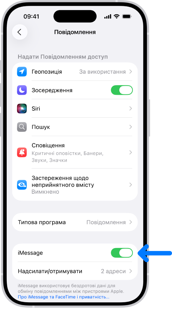 Панель параметрів Повідомлень з увімкненою функцією iMessage.