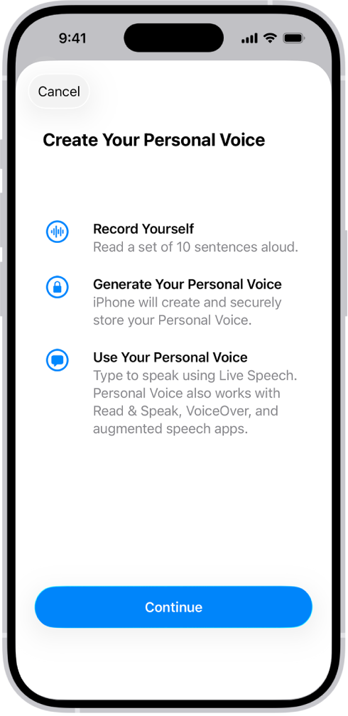 ‏iPhone جس میں ذاتی آواز بنانے کے طریقے کے بارے میں معلومات دی گئی ہے۔